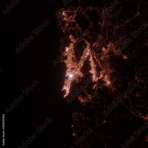 Mumbai city lights map, top view from space. Aerial view on night street lights. Global networking, cyberspace