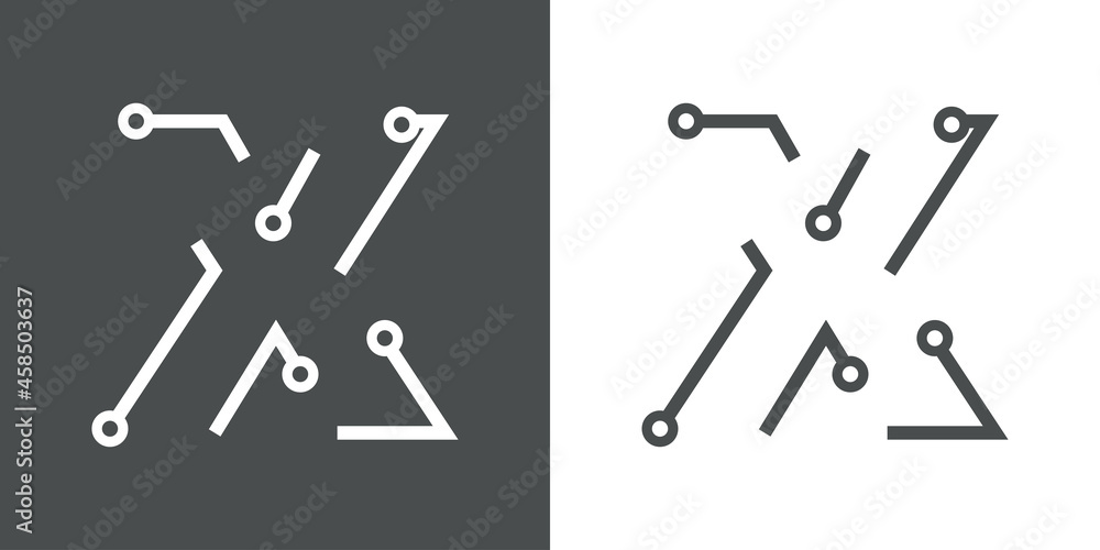 Logotipo letra inicial X con forma de circuito electrónico con lineas en fondo gris y fondo blanco Logotipo letra inicial X con forma de circuito electrónico con lineas en fondo gris y fondo blanco