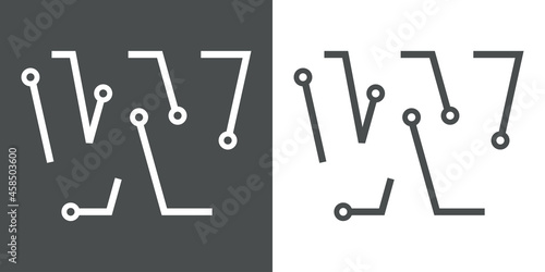 Logotipo letra inicial W con forma de circuito electrónico con lineas en fondo gris y fondo blanco