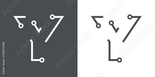 Logotipo letra inicial Y con forma de circuito electrónico con lineas en fondo gris y fondo blanco