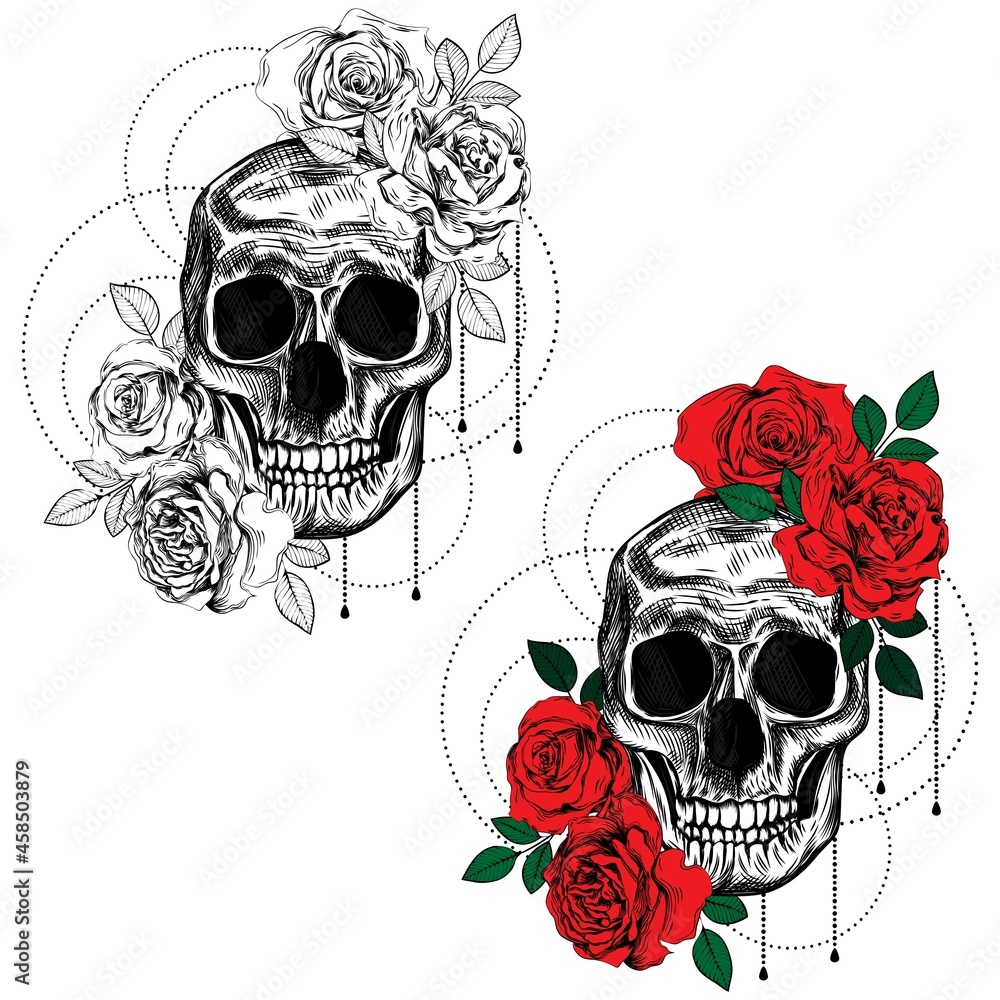 Skull Drawings With Roses In Color