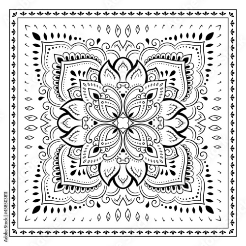 Decorative pattern of flowers and paisley for printing on fabric. Ornament for a bandana, a silk neckerchief, a tablecloth or a kerchief. Square sketch in tribal or oriental style.
