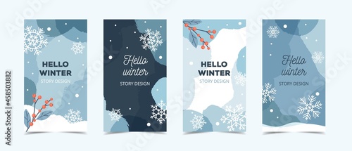 Winter story template for social media  blue backgroung with snowflakes and ilex branches  vector illustration