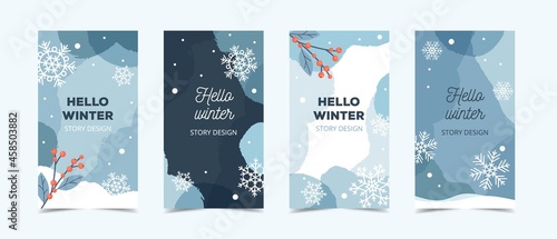 Winter story template for social media, blue backgroung with snowflakes and ilex branches, vector illustration
