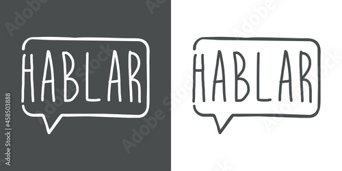Logotipo con texto manuscrito Hablar en español con silueta de burbuja de habla con lineas en fondo gris y fondo blanco
