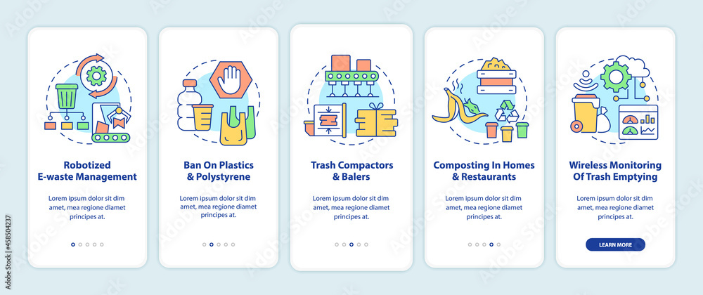 Waste recycling innovations onboarding mobile app page screen. Waste management walkthrough 5 steps graphic instructions with concepts. UI, UX, GUI vector template with linear color illustrations