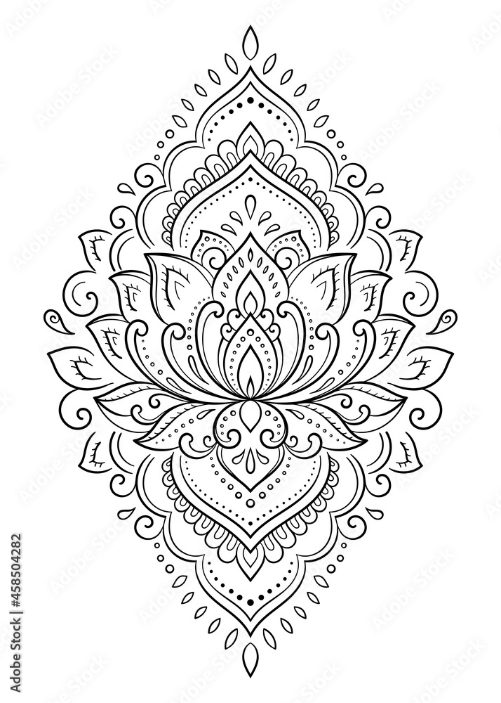 Lotus mehndi flower pattern for Henna drawing and tattoo. Decoration in oriental, Indian style. Doodle ornament. Outline hand draw vector illustration.