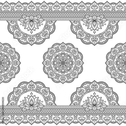 Seamless decorative ornament in ethnic oriental style. Circular pattern in form of mandala and Lotus flower for Henna, Mehndi, tattoo, decoration. Doodle outline hand draw vector illustration.