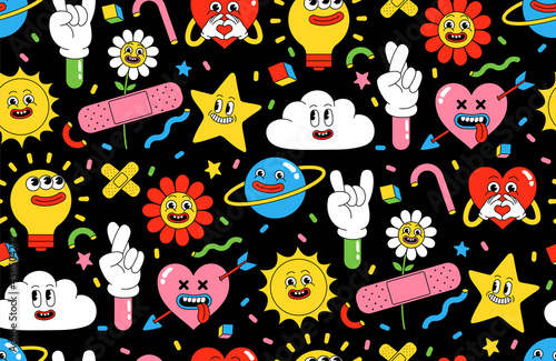 Cartoon characters background. Seamless pattern with funny stickers and patches in trendy retro cartoon style.