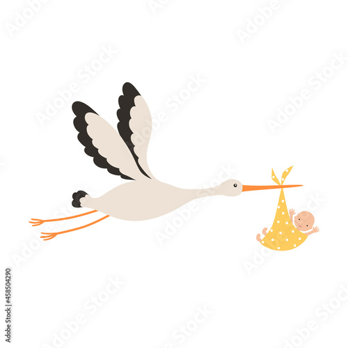 Stork and baby. Vector illustration isolated on white background