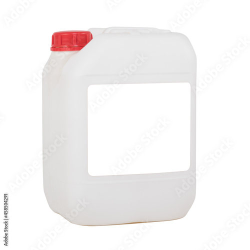 White drum with a red cap on a white background with a white label photo