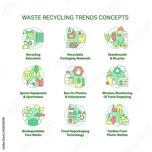 Waste recycling trends concept icons set. Environmental protection. Reduction in environmental pollution idea thin line color illustrations. Vector isolated outline drawings. Editable stroke