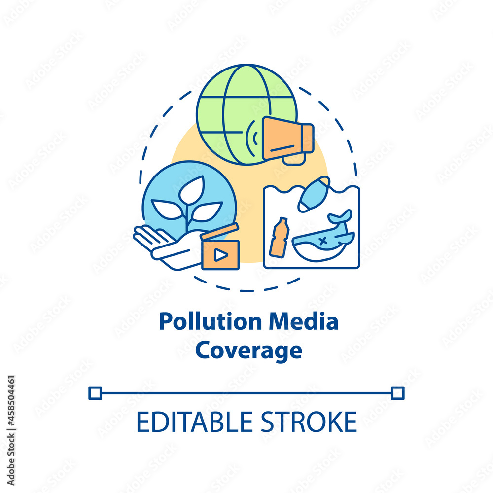 Pollution media coverage concept icon. Drawing attention to environmental problems through mass medias abstract idea thin line illustration. Vector isolated outline color drawing. Editable stroke Pollution media coverage concept icon. Drawing attention to environmental problems through mass medias abstract idea thin line illustration. Vector isolated outline color drawing. Editable stroke