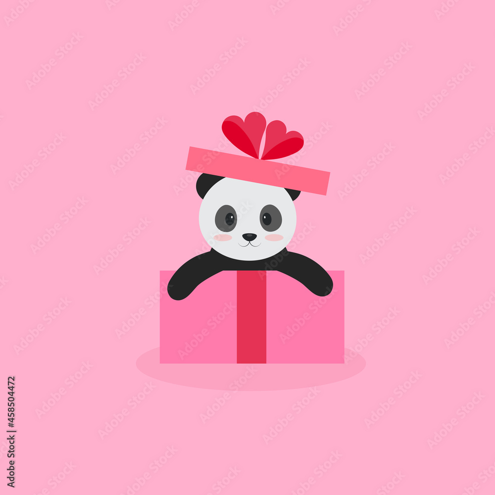 This is a panda in a gift box on a pink background. This is a panda in a gift box on a pink background.
