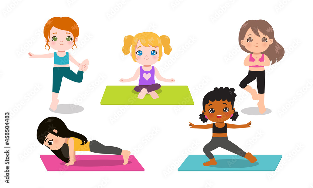 Cute girl doing yoga in various pose. Flat vector cartoon design