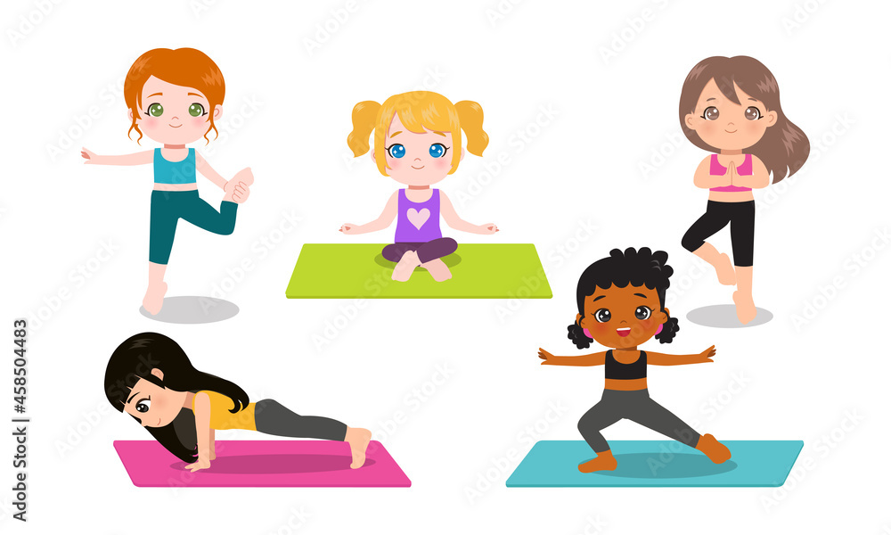 Cute girl doing yoga in various pose. Flat vector cartoon design Cute girl doing yoga in various pose. Flat vector cartoon design