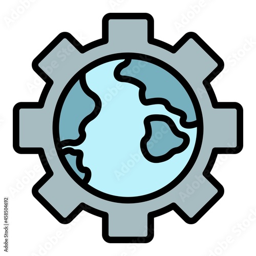 Globe in gear icon. Outline globe in gear vector icon color flat isolated
