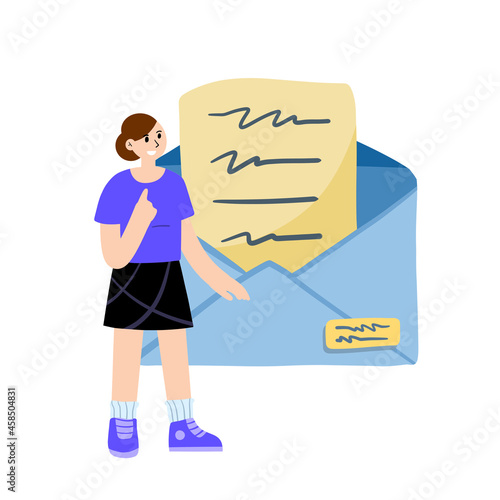 Letter with envelope and people. Young woman Sending Mail and document sheet. Chat with messages. Flat cartoon