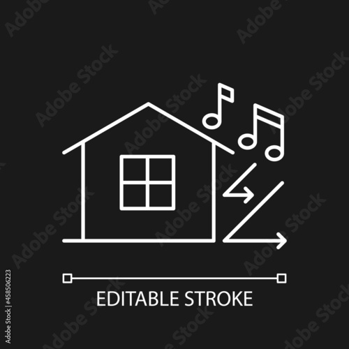 Sound insulation white linear icon for dark theme. Walls soundproofing performance improvement. Thin line customizable illustration. Isolated vector contour symbol for night mode. Editable stroke