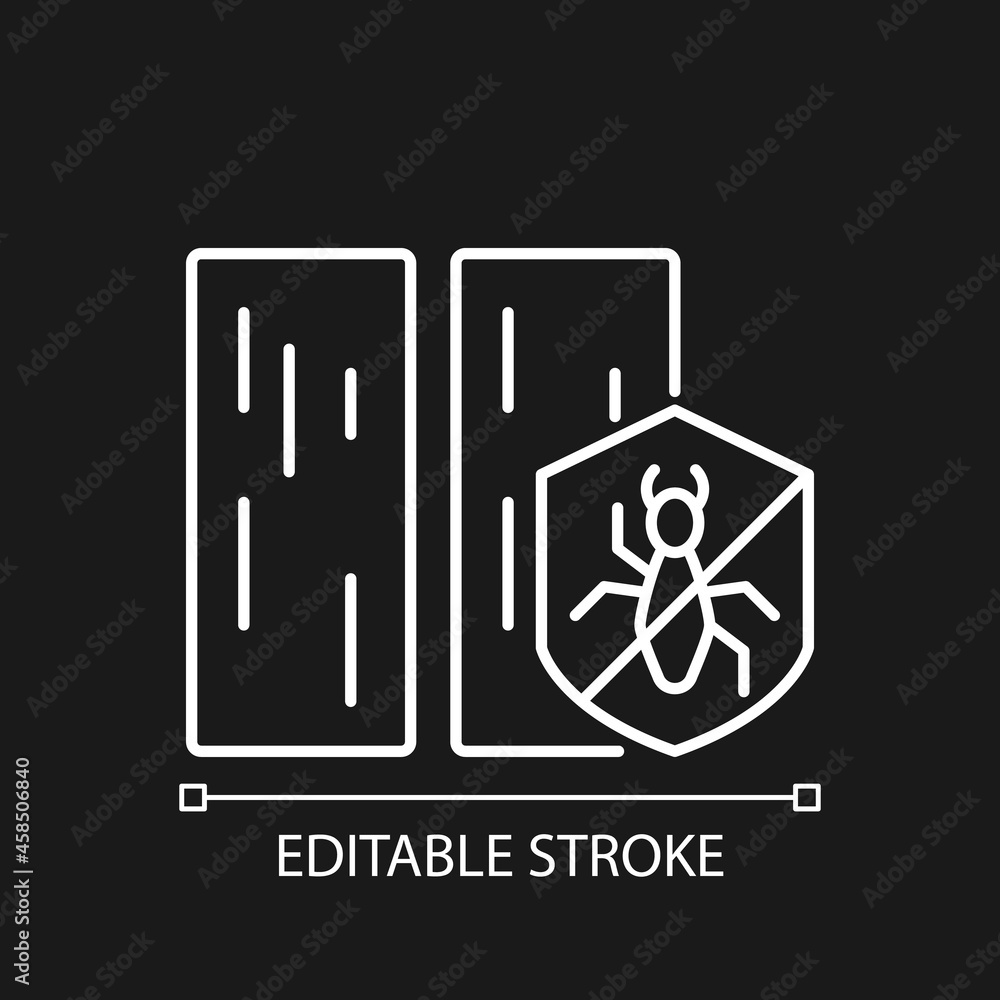Protection from termite white linear icon for dark theme. Termite-free construction. Pest control. Thin line customizable illustration. Isolated vector contour symbol for night mode. Editable stroke Protection from termite white linear icon for dark theme. Termite-free construction. Pest control. Thin line customizable illustration. Isolated vector contour symbol for night mode. Editable stroke