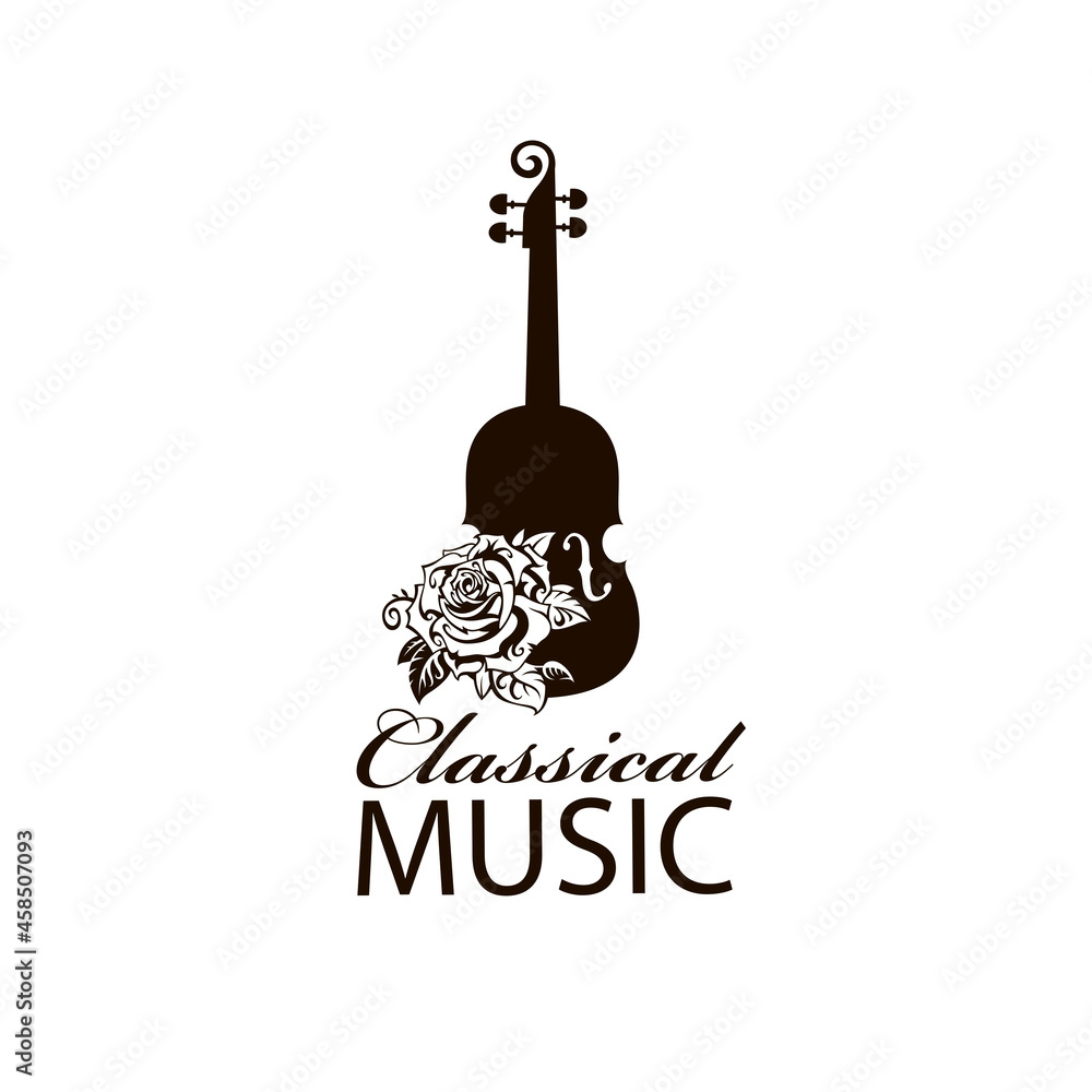 abstract icon of violin and rose isolated on white background