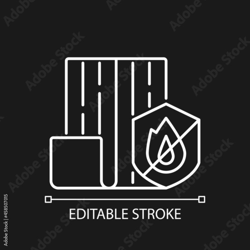 Resistance to fire white linear icon for dark theme. Choosing fireproof construction materials. Thin line customizable illustration. Isolated vector contour symbol for night mode. Editable stroke