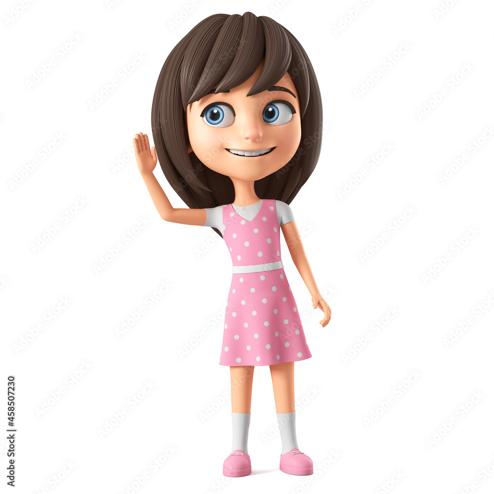 Cartoon character beautiful girl in pink dress and blue eyes overhears. 3d render illustration. Cartoon character beautiful girl in pink dress and blue eyes overhears. 3d render illustration.