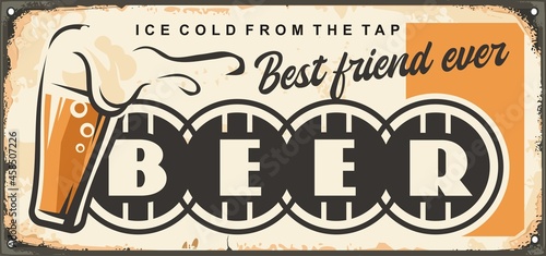 Antique metal plate with beer advertisement. Vector retro pub decoration sign. Beer poster with glass and barrel shaped letters. Vintage cafe bar banner idea. 