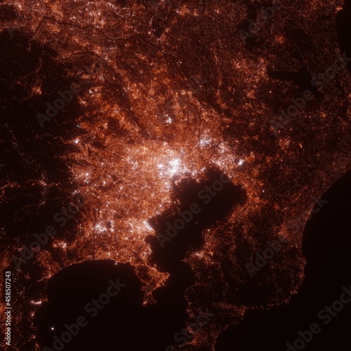 Photography Tokyo city lights map, top view from space