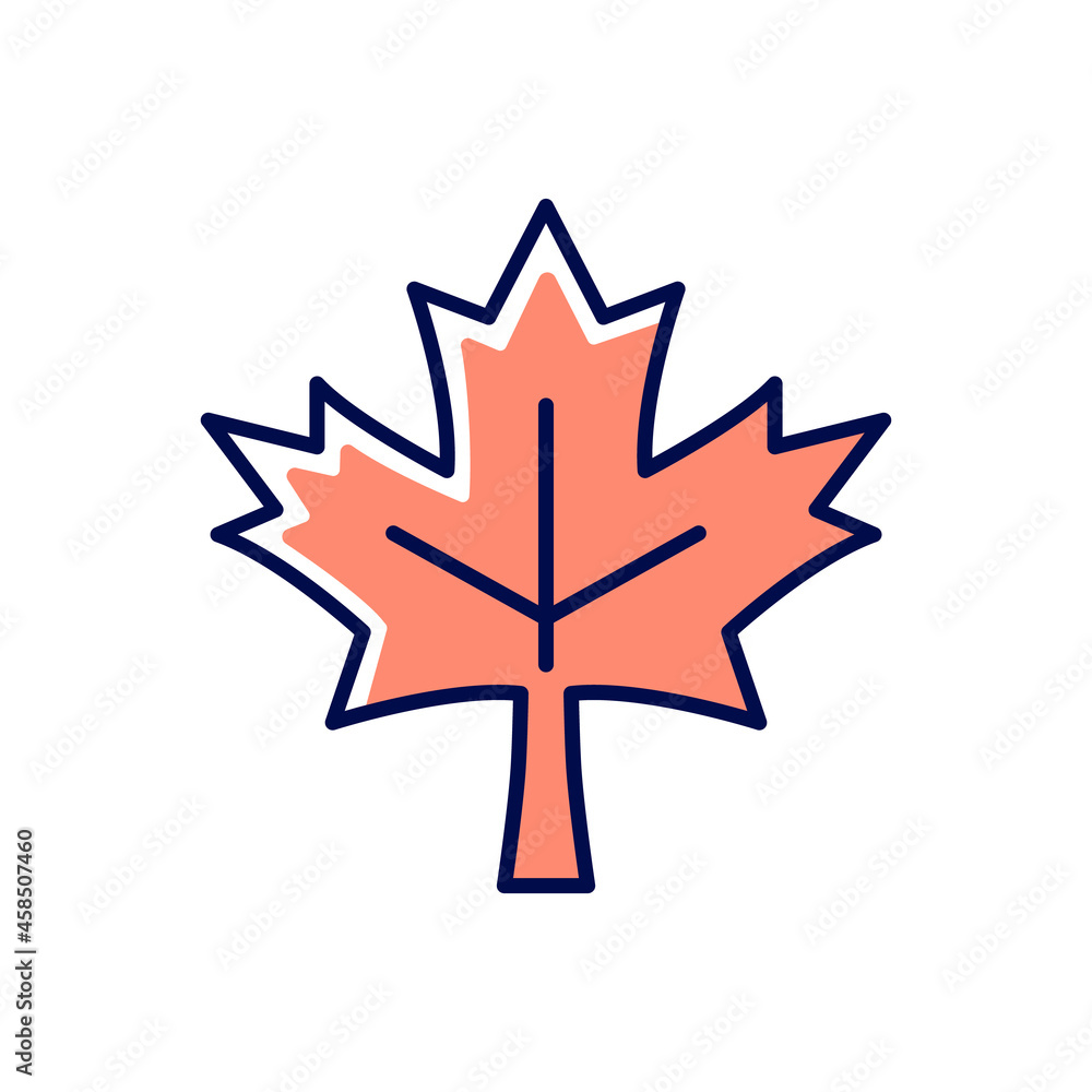 Maple leaf RGB color icon. Common used symbol of Canada. Historic sign and landmark. Central element of canadian national flag. Isolated vector illustration. Simple filled line drawing Maple leaf RGB color icon. Common used symbol of Canada. Historic sign and landmark. Central element of canadian national flag. Isolated vector illustration. Simple filled line drawing