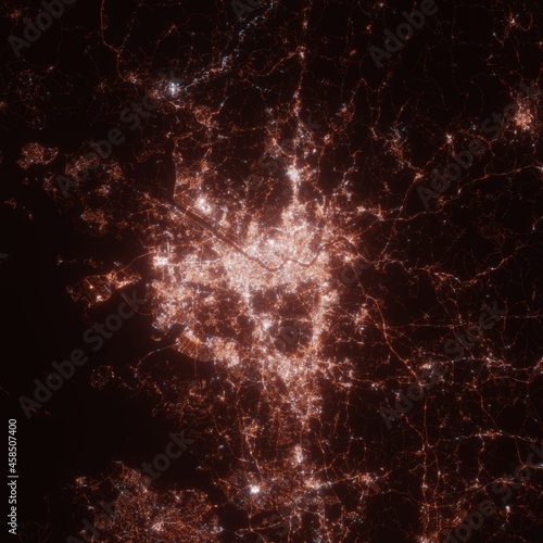 Seoul city lights map, top view from space. Aerial view on night street lights. Global networking, cyberspace