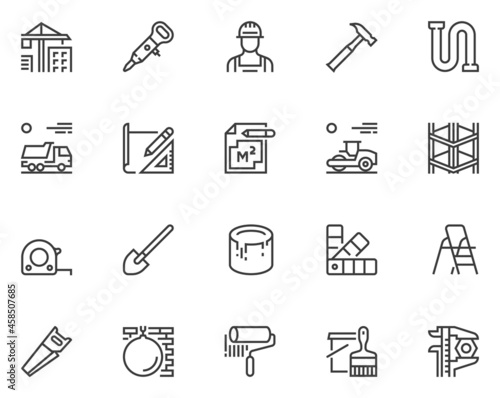 Construction, Building Tools. Building Structures, Tape Measure, Blueprint. Simple Vector Line Icons. Editable Stroke. 48x48 Pixel Perfect.