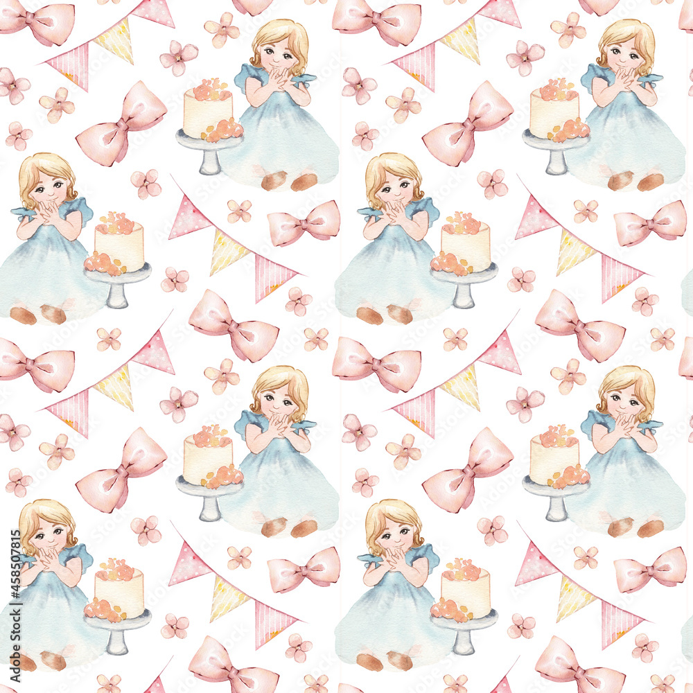 Seamless pattern with watercolor birthday elements -flowers, crowns, one, balloons, cakes and little girls. Great for Baby, baby shower, birthday, Mother's Day, wedding, scrapbook, surface textures. Seamless pattern with watercolor birthday elements -flowers, crowns, one, balloons, cakes and little girls. Great for Baby, baby shower, birthday, Mother's Day, wedding, scrapbook, surface textures.