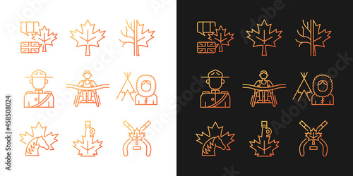 Canadian representation gradient icons set for dark and light mode. Official country symbols. Thin line contour symbols bundle. Isolated vector outline illustrations collection on black and white