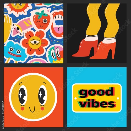 Big Set of Different colored Vector illustartion posters in Cartoon Flat design. Hand drawn Abstract shapes  funny Comic characters.