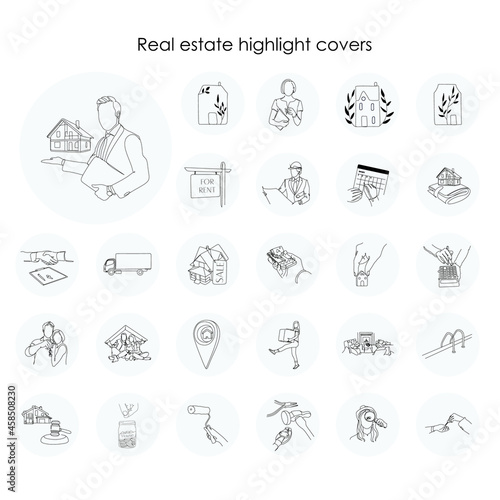 Real Estate minimal thin line web icon set. Included the icons as realty, property, mortgage, home loan and more. Real Estate Instagram Highlights cover icons.