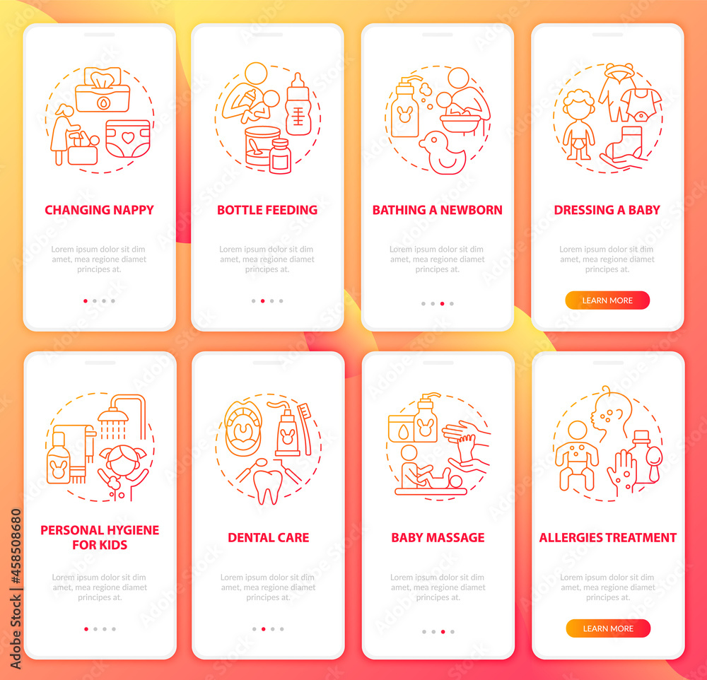 Raising child red gradient onboarding mobile app page screen set. Health care walkthrough 4 steps graphic instructions with concepts. UI, UX, GUI vector template with linear color illustrations