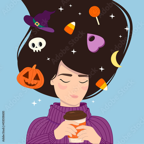 Creative holiday concept vector illustration woman girl witch with halloween  attributes and takeaway coffee plastic disposable cup.