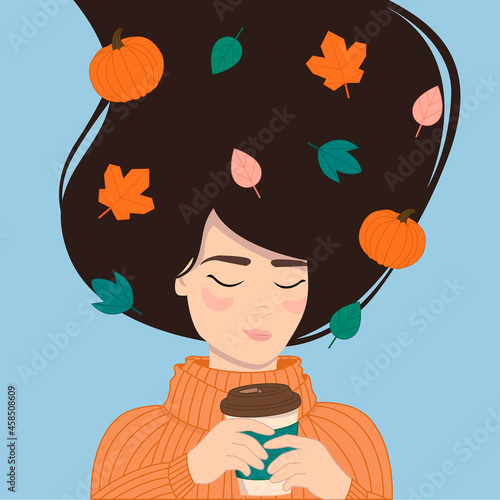 Creative concep vector illustration. Woman girl with autumn leaves and pumpkins and takeaway coffee plastic disposable cup. 
