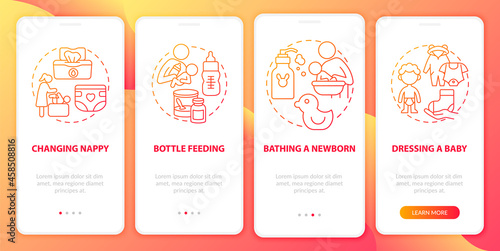 Infant care red gradient onboarding mobile app page screen. Baby nursing walkthrough 4 steps graphic instructions with concepts. UI, UX, GUI vector template with linear color illustrations