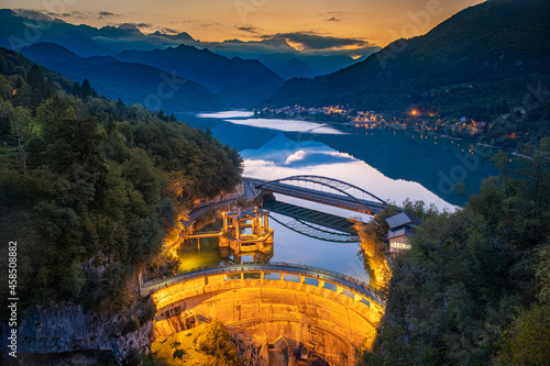 Aerial view of a hydropower station of Lago di Barcis lake in Italy photo