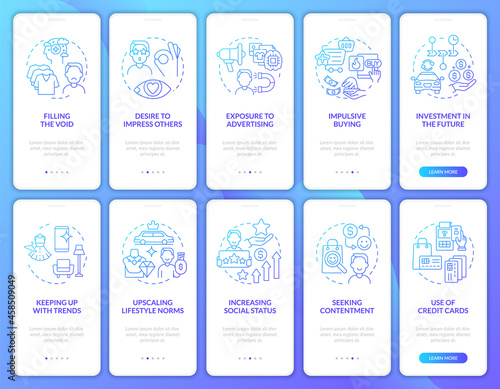 Consumerism gradient blue onboarding mobile app page screen set. Excessive buying walkthrough 5 steps graphic instructions with concepts. UI, UX, GUI vector template with linear color illustrations