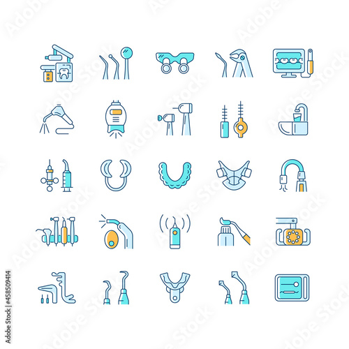 Dentistry tools and materials RGB color icons set. Dental procedures. Tooth repairing, treatment. Medical devices. Orthodontics. Isolated vector illustrations. Simple filled line drawings collection