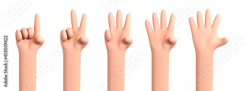 Vector cartoon hand counting from one to five isolated on white background. Set of palms with raised fingers.Cartoon set of counting hands. Hands gesture numbers.