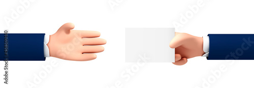 Vector cartoon man hand gives blank paper label or tag to another person's hand. Cartoon hand holding blank white paper isolated on white background.