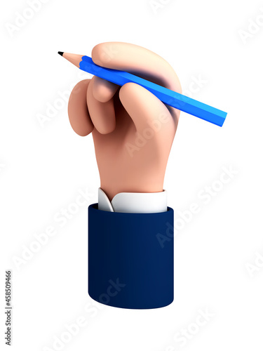 Vector cartoon hand holds pencil isolated on white background.