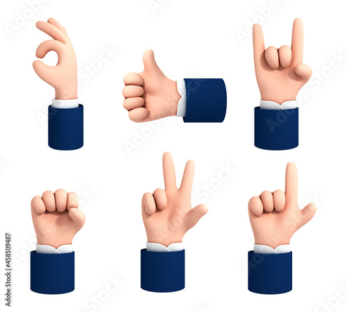 Vector cartoon style hands gestures set isolated on white background. Cartoon hand gestures icons set.