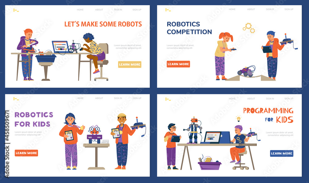 Robotics for kids vector landing page template set. Boys and girls programming and engineering robots. Taking part in robotic competition. Robotics for kids vector landing page template set. Boys and girls programming and engineering robots. Taking part in robotic competition.