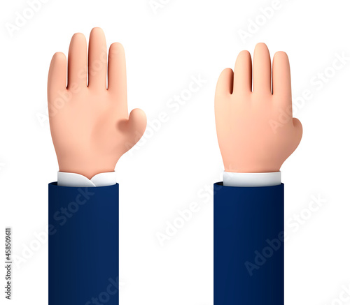 Vector cartoon open palm, hello gesture. Five fingers, hello palm isolated on white background. Cartoon character hand goodwill gesture