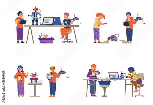 Kids robotics vector set. Boys and girls in pairs programming and engineering robots. Taking part in robotic competition, winning awards.